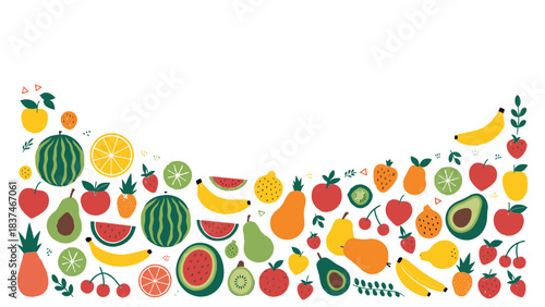 Colourful fruit border illustration with assorted fresh produce and playful botanical graphic elements