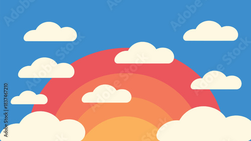 Colourful retro rainbow illustration with soft clouds and bright blue sky in playful minimalist graphic style