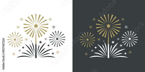 Elegant firework burst illustration with festive star shapes and decorative celebration elements in dual colour styles
