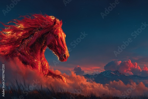 Vibrant red horse representing the Chinese New Year of the Fire Horse in 2026 galloping through a mystical sunset landscape
