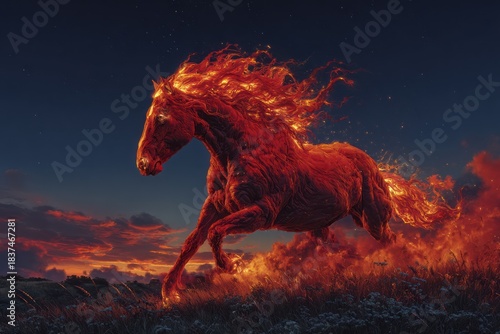 Celebrating the vibrant red horse symbol for the Chinese New Year of 2026 at dusk in a mystical landscape filled with energy