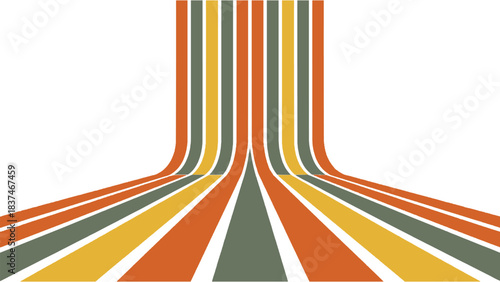 Retro curved stripe background with orange yellow and green lines creating a vintage geometric flow