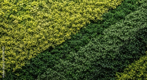 Lush green wall texture with yellow and dark leaves