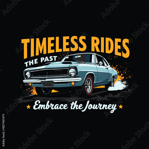Vintage muscle car illustration with retro typography and classic automotive artwork on dark background