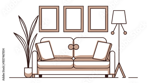 Minimal living room interior illustration with sofa pillows plant frames and floor lamp in modern line art style
