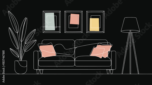 Modern minimalist living room line art with sofa plant lamp and abstract wall frames on dark background