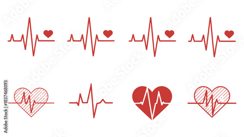 Heartbeat and cardiology line icons with heart shapes and medical pulse symbols in red outline style
