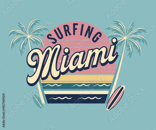 Surfing Miami retro beach illustration with palm trees sunset waves and surfboard