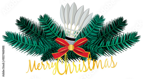 Christmas badminton shuttlecock composition with pine branches, holly, ribbon and sparkling accents. Ideal for holiday cards, sport-themed graphics and winter illustrations.