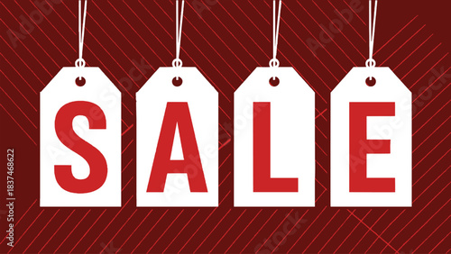 Red sale tags hanging on strings over bold retail discount background