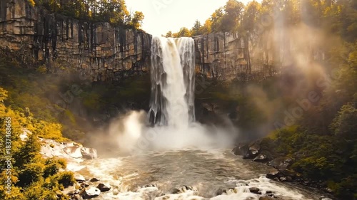 Majestic Waterfall Cascades Down Rugged Cliffs Surrounded by Lush Golden Forest in Warm Afternoon Sunlight Creates a Serene Natural Landscape