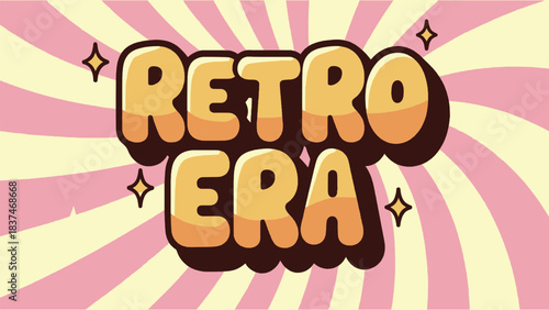 Retro era cartoon text with bold bubble letters and vintage sunburst background