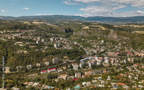 Chiatura cityscape with hills and valley from above