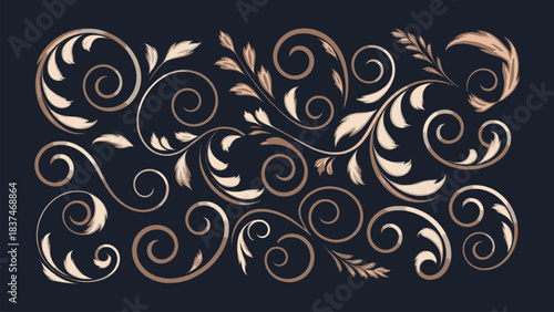 Elegant floral swirl ornament pattern with decorative vintage flourishes and golden botanical curls on dark background