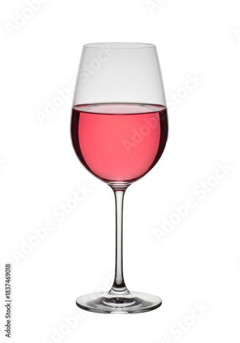 A tall, elegant crystal-clear stemmed wine glass, polished, with luminous rose-colored liquid against a pristine transparent background, no shadows, high-angle, commercial elegance concept.