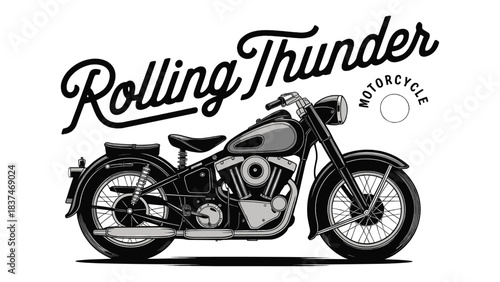 Vintage motorcycle illustration with classic chopper silhouette and retro Rolling Thunder typography