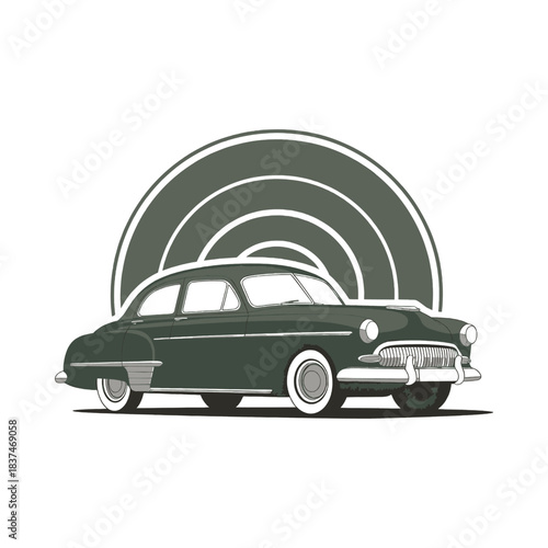 Vintage classic car illustration with retro arch background and antique automobile styling