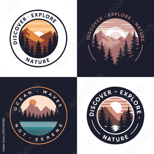 Nature adventure badge set with mountain forest landscape illustrations and outdoor exploration emblem designs