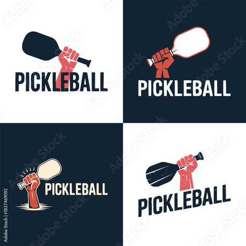Pickleball sports emblem set with bold paddle icons and strong hand graphic designs in modern retro style