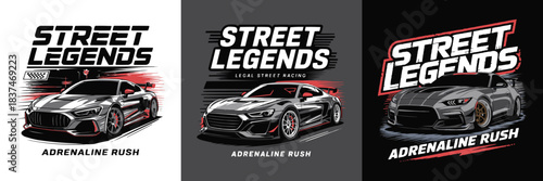 High-speed street legends racing car illustration with bold adrenaline rush typography and dynamic motion graphics