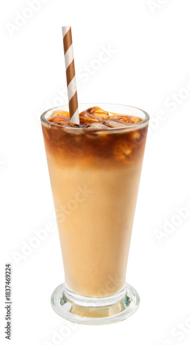 Refreshing iced latte cofffee in a tall glass isolated on a white background.