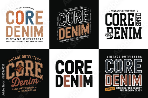 Vintage Core Denim typography set with retro badge graphics for apparel, handcrafted style labels and classic active wear branding