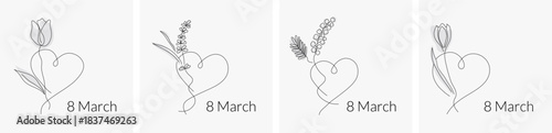 Set of four line art drawings featuring heart and flowers with 8 March text, minimalist design for International Womens Day greeting card.
