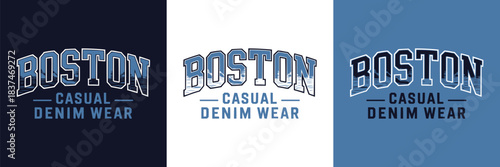 Boston casual denim wear varsity style typography set with vintage athletic lettering for apparel, retro collegiate graphic design