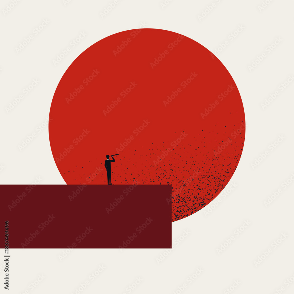 Obraz premium Minimalist vector illustration silhouette of a businessman looking through a telescope at a large red sun representing vision, future forecasting, and strategic planning in business.