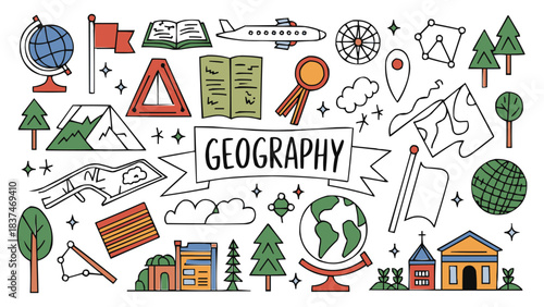 Geography education illustration with globe maps mountains trees landmarks books travel and classroom elements