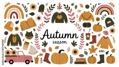 Autumn season illustration with cosy fall elements pumpkins leaves sweaters boots foliage and harvest icons