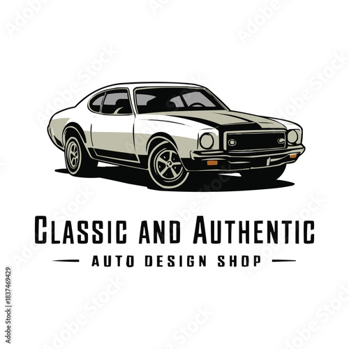 Classic muscle car illustration for retro auto design shop with vintage coupe vehicle in bold graphic style