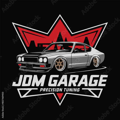 JDM garage illustration with retro tuned coupe and bold red star automotive emblem in dynamic performance style