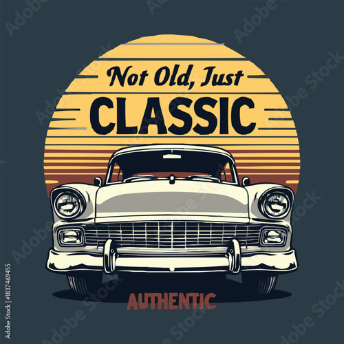 Retro classic car front view with vintage sunset background in bold authentic automotive illustration style