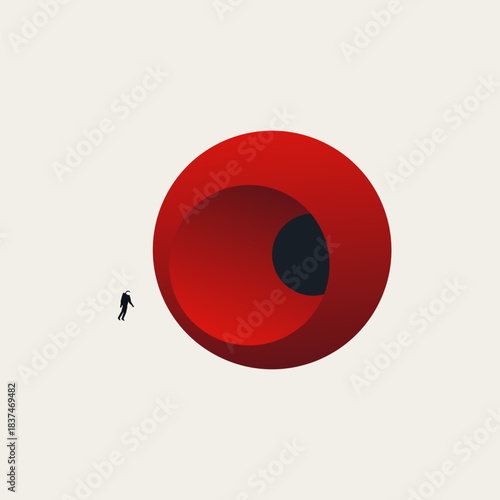 Minimalist vector concept illustration of Silhouette of an astronaut exploring a mysterious red sphere or portal. Symbol of space travel, scientific discovery, and the technological frontier.