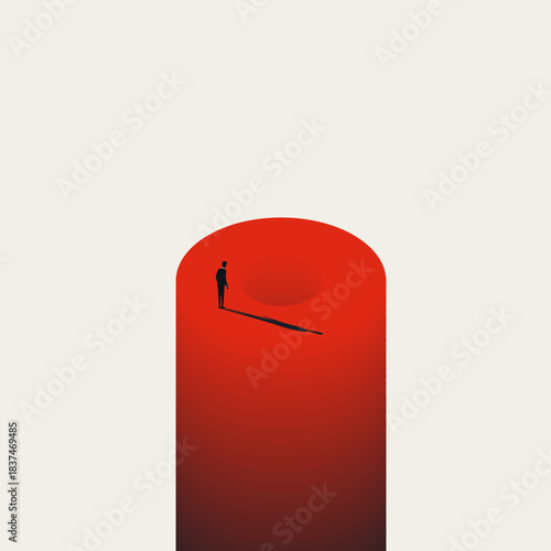 Minimal vector concept illustration of a silhouette of a businessman standing on a red cylinder looking into a deep dark hole. Symbol of facing the unknown, risk assessment, and introspection.