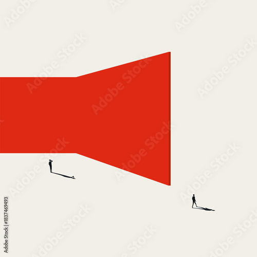 Minimalist vector concept illustration of finding a solution by walking around a massive red wall. Symbol of overcoming obstacles, thinking outside the box, and changing perspective.