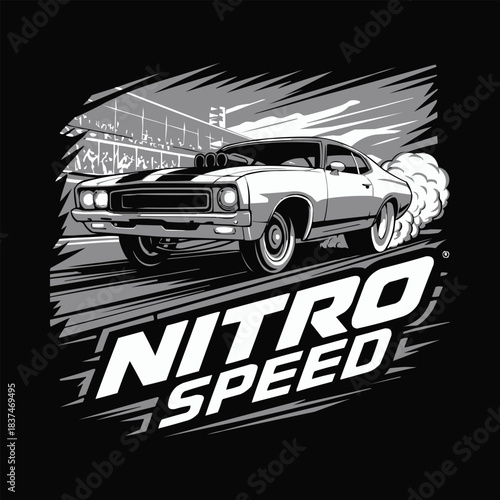 Muscle car drag race illustration with nitro burnout action and high-speed retro automotive performance scene