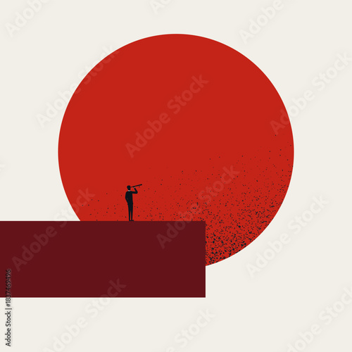 Minimalist vector illustration silhouette of a businessman looking through a telescope at a large red sun representing vision, future forecasting, and strategic planning in business.