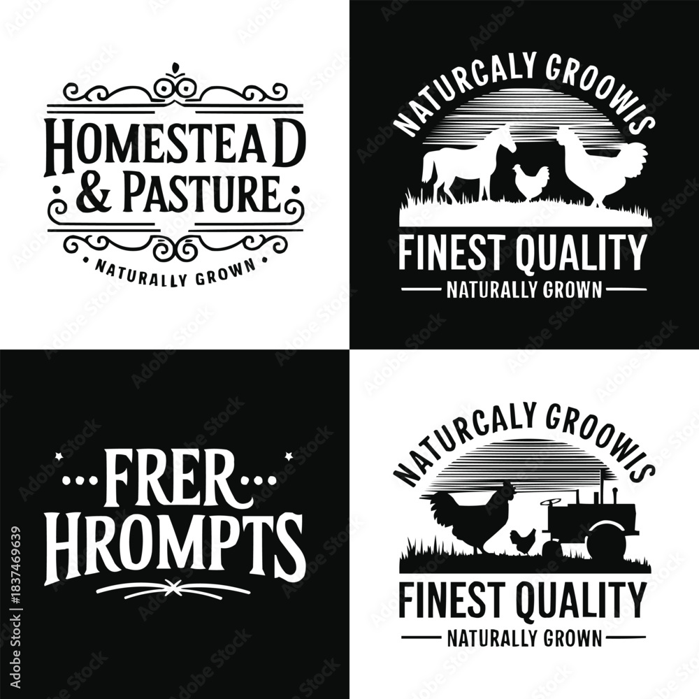 Obraz premium Vintage farm badge set with livestock silhouettes rustic typography and naturally grown homestead label design