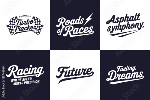 Motorsport script typography set with turbo tracker lettering, racing quotes and dynamic speed themed graphics
