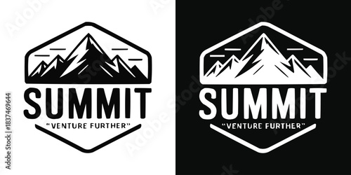 Monochrome mountain summit badge with bold adventure typography and outdoor expedition emblem design