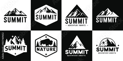 Mountain summit adventure badge set with bold nature emblems wildlife silhouette and outdoor exploration logo collection