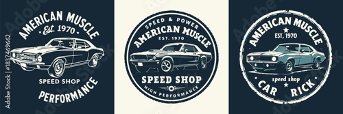 Vintage American muscle car badge set with retro speed shop emblems high-performance classic automotive illustration