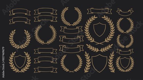 Vintage laurel wreath and ribbon banner collection with classic award shield emblems and elegant decorative elements