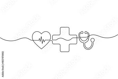 Medical health concept continuous line drawing heart, cross, stethoscope icon