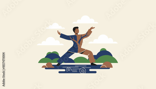 A serene outdoor training session with a martial artist practicing slow flowing movements amidst natures beauty.