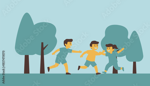 A group of kids engaged in a lively game of tag laughter echoing as one child reaches out to catch another amidst a backdrop of trees.