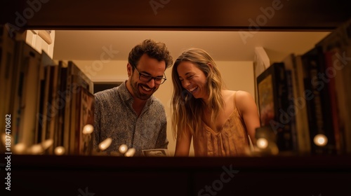 Joyful Couple Sharing Laughter in Cozy Setting with Books