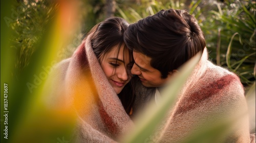 Warm Embrace of a Couple Wrapped in a Blanket in Nature